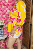 Women's blouse wholesale Yellow floral printed 3/4 sleeves w/v-neckline GJQ16227