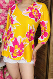 Women's blouse wholesale Yellow floral printed 3/4 sleeves w/v-neckline GJQ16227