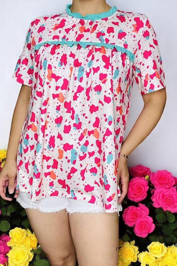 Shop Mint & fuchsia leopard printed w/ruffle short sleeve women tops XCH15803