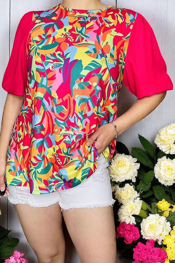 Shop Women's t-shirt Multi color floral prints & red chiffon short sleeves XCH16019