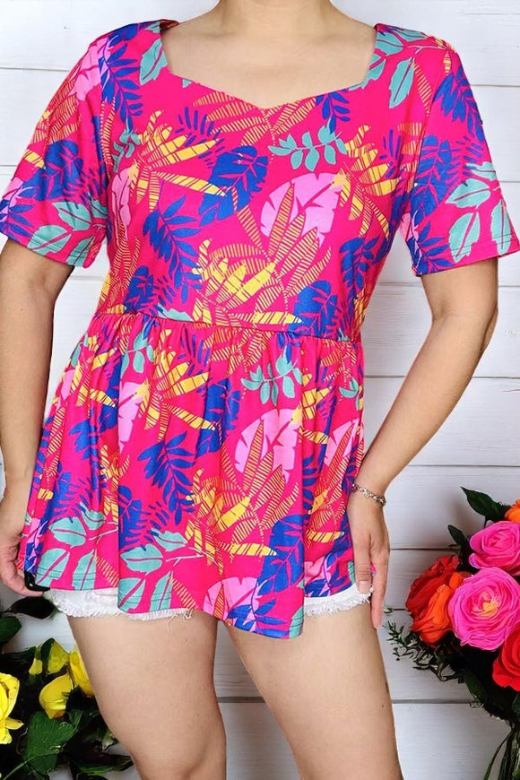 Shop women top Multi color palm leaf prints & short sleeve & square collar BQ15857