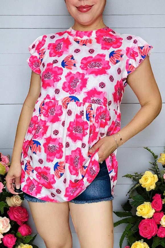 Shop fuchsia floral printed baby doll & ruffle sleeves women blouse GJQ13593S