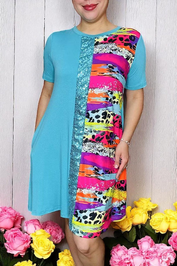 Women's dress w/blue & sequin & western prints short sleeve w/side pockets GJQ15176 (BS13 )