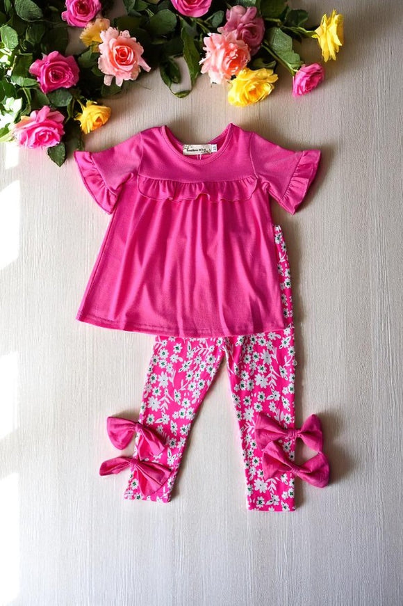 Childrern clothing suppliers Pink ruffle top & floral pant 2pc girls sets XCH04034
