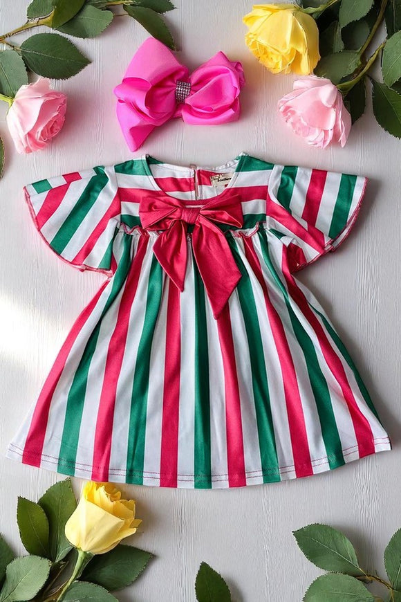 Shop girls dress Red whtie green stripes printed & ruffle short sleeves XCH03027