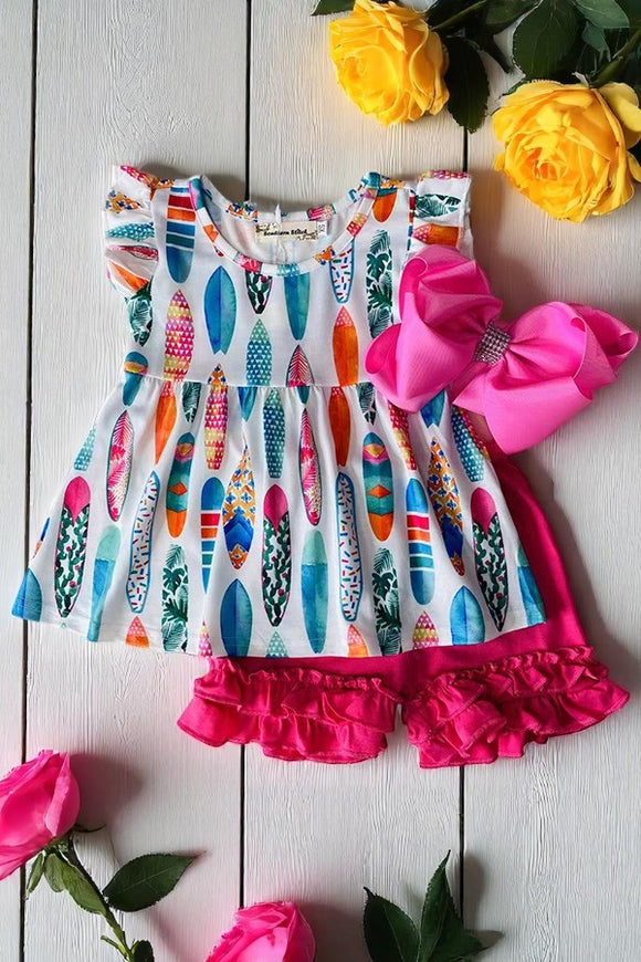 Multi printed surfboards & pink shorts 2pcs girl set XCH0333-3H