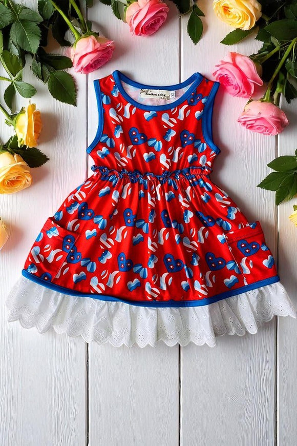 Shop 4th july girls dress USA flag & hearts printed & sleeveless & pockets w/lace trim XCH03026