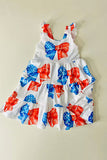 Girls dress wholesale 4th July red white blue bow prints sleeveless kids swirl dress DLH2875