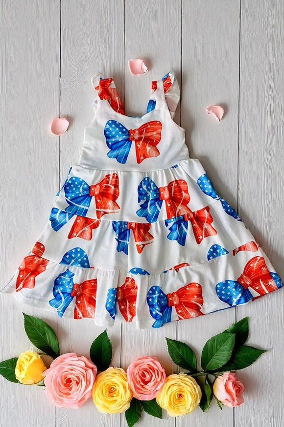 Girls dress wholesale 4th July red white blue bow prints sleeveless kids swirl dress DLH2875