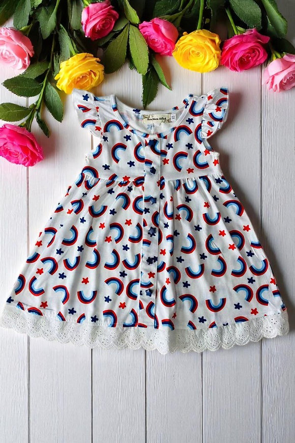 Buy girls dress 4th July rainbow & stars printed with lace trim and stars button w/headband XCH03028