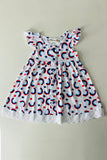4th July rainbow & stars printed girls dress w/lace trim & blue headband XCH03028 A9S3