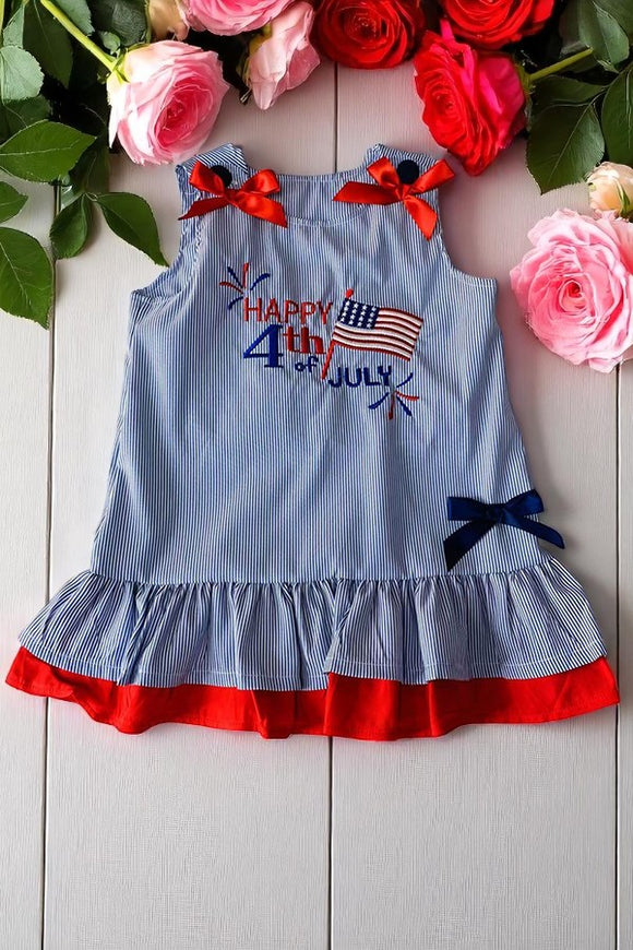 Girls dress wholesale HAPPY 4th july & AMERICAN flag embroidery & blue stripes DLH2874