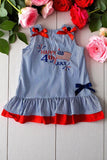 Girls dress wholesale HAPPY 4th july & AMERICAN flag embroidery & blue stripes DLH2874