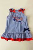 Girls dress wholesale HAPPY 4th july & AMERICAN flag embroidery & blue stripes DLH2874