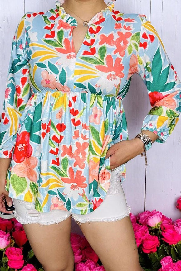 Buy women's blouse w/floral printed & 3/4 sleeves v-neckline GJQ16231