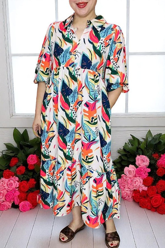 Wholesale Multi color leaves printed puff sleeves women's maxi dress XCH16247