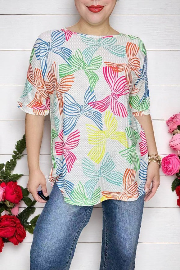 Shop multi color bows printed knitted fabric short sleeve women blouse XCH16202