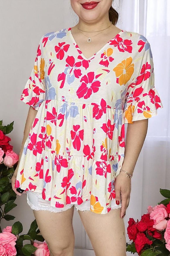 Shop Floral prints & bell short sleeve women's blouse BQ15952
