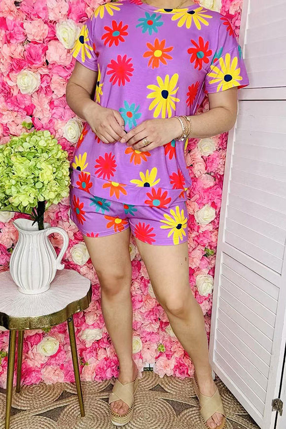 Shop flower printed short sleeve top & pockets shorts 2pc women sets GJQ14966 (GS1)