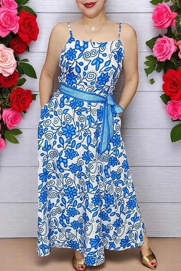 Shop maxi dress w/Blue floral printed & belt & adjustable strap BQ15897