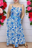 Blue floral printed & belt & adjustable strap maxi women dress with/belt BQ15897 ABS1