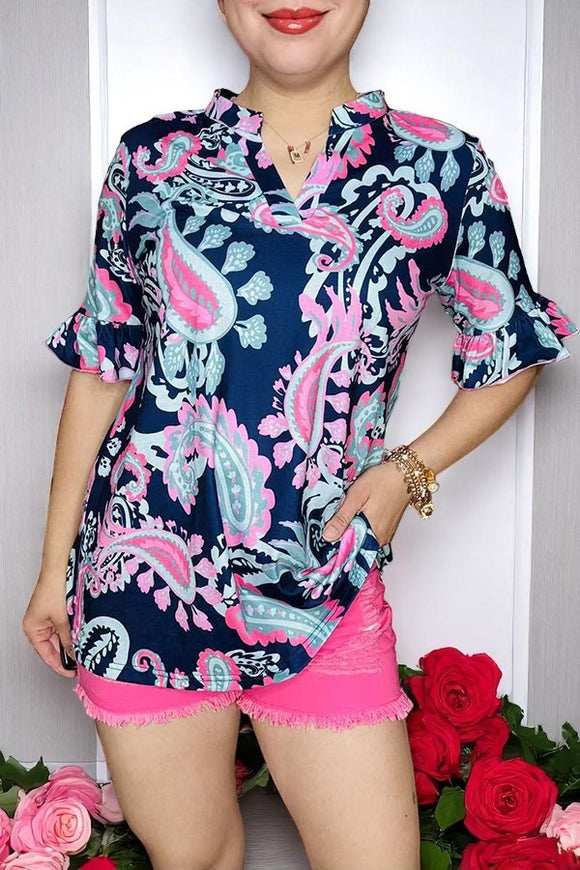 Paisley printed short sleeve w/ruffle V-necklace navy women tops GJQ15885