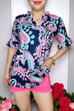 Paisley printed short sleeve w/ruffle V-necklace navy women tops GJQ15885