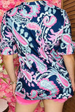 Paisley printed short sleeve w/ruffle V-necklace navy women tops GJQ15885