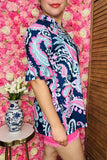 Paisley printed short sleeve w/ruffle V-necklace navy women tops GJQ15885