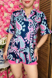 Paisley printed short sleeve w/ruffle V-necklace navy women tops GJQ15885