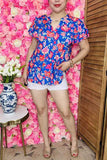 Floral printed blue double ruffle bell short sleeve women's blouse GJQ16191