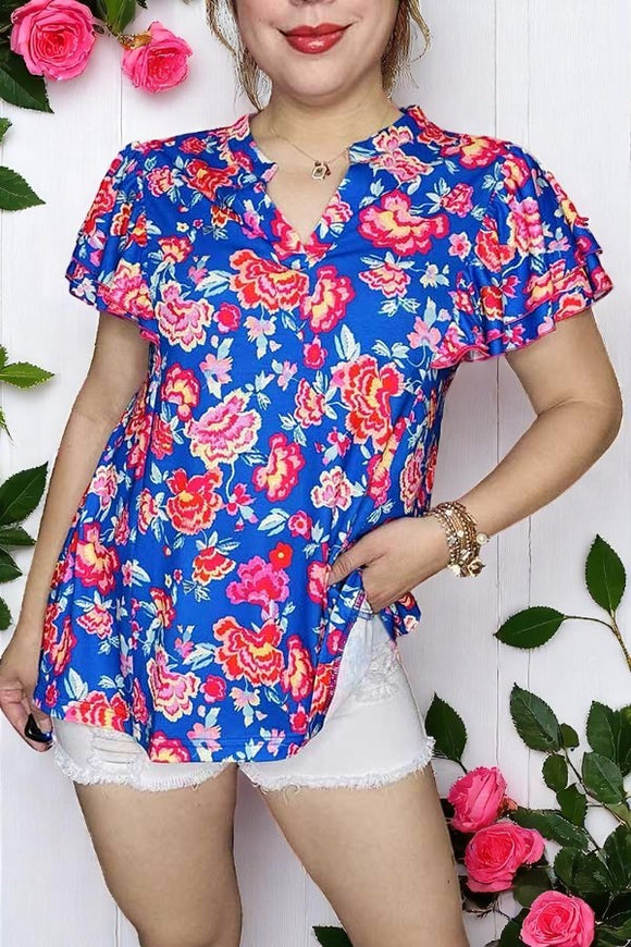 Floral printed blue double ruffle bell short sleeve women's blouse GJQ16191