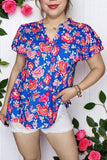 Floral printed blue double ruffle bell short sleeve women's blouse GJQ16191