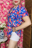 Floral printed blue double ruffle bell short sleeve women's blouse GJQ16191