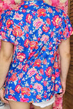 Floral printed blue double ruffle bell short sleeve women's blouse GJQ16191