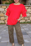 Red Short sleeve w/double ruffle & bronze stud women blouse BQ15871