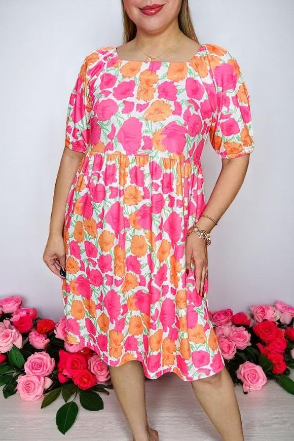 Wholesale pink & orange flower printed square collar women dress GJQ16155