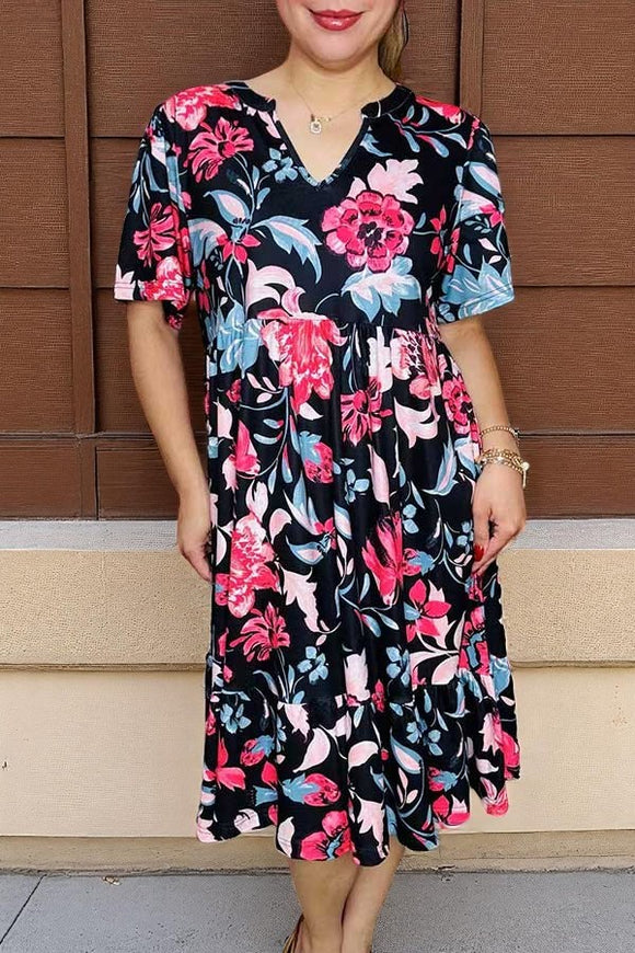 Buy Pink & blue floral printed black women's dress w/short sleevesXCH16199