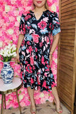 Buy Pink & blue floral printed black women's dress w/short sleeves XCH16199 BS4