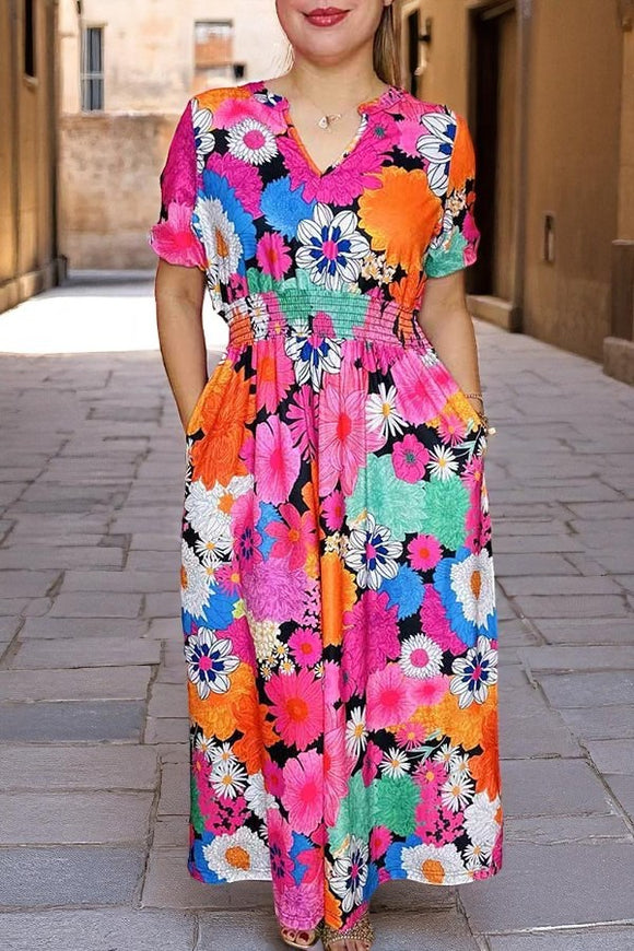 Women's maxi dress florals printed with elastic waist & short sleeves w/v-neckline XCH16213