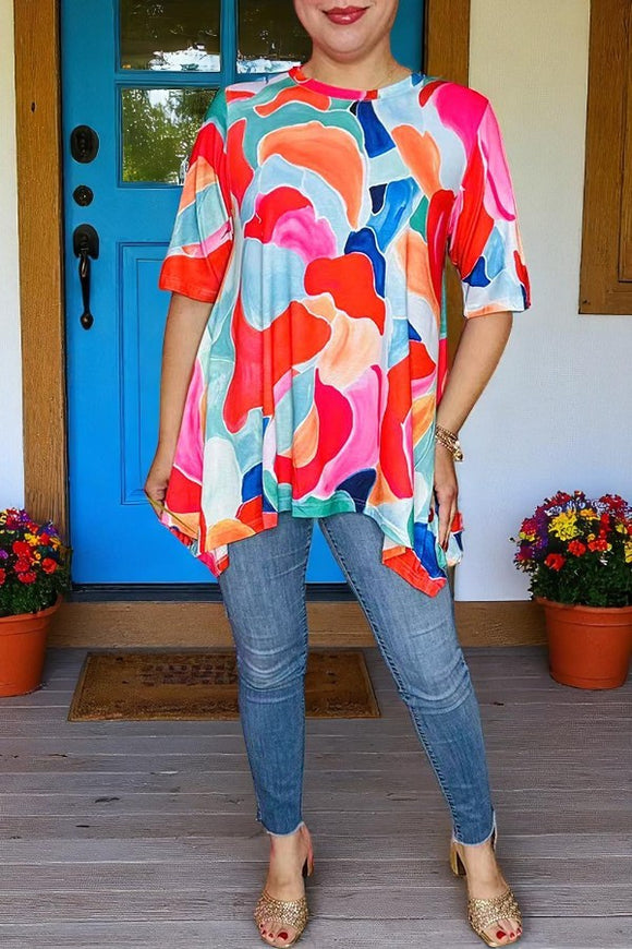Shop Abstract Print high low style women's blouse w/short sleeves GJQ16290