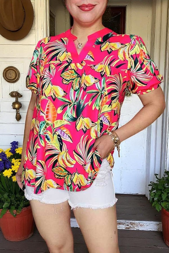 Shop Multi color patterns printed puff short sleeve women blouse GJQ16237