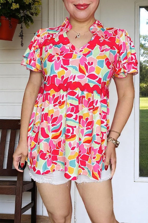 Plus size multi color patterns prined bell short sleeve women blouse GJQ16280