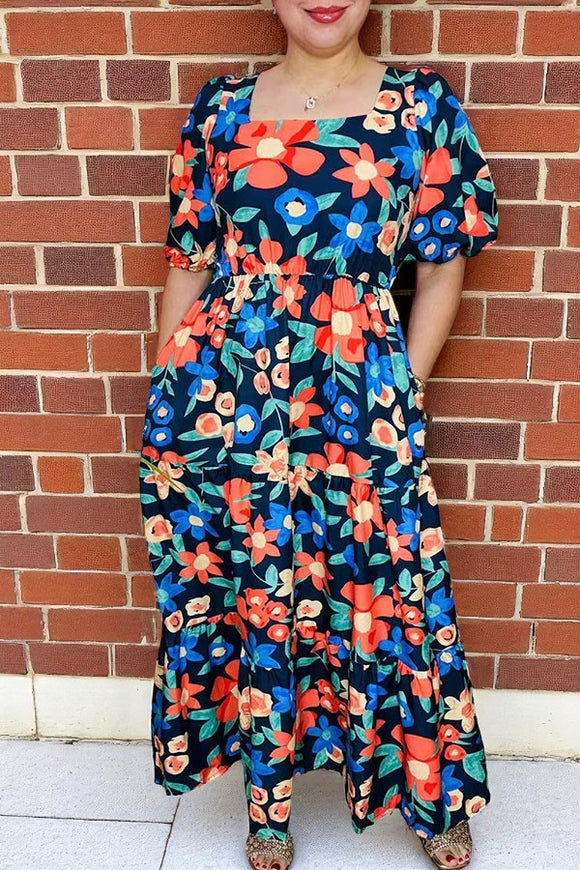 Plus size maxi dress floral printed short sleeve & square collar women dress BQ16258