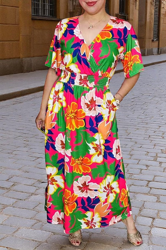 Women maxi dress w/multi color flowers printed short sleeves & v-neckline PA2406