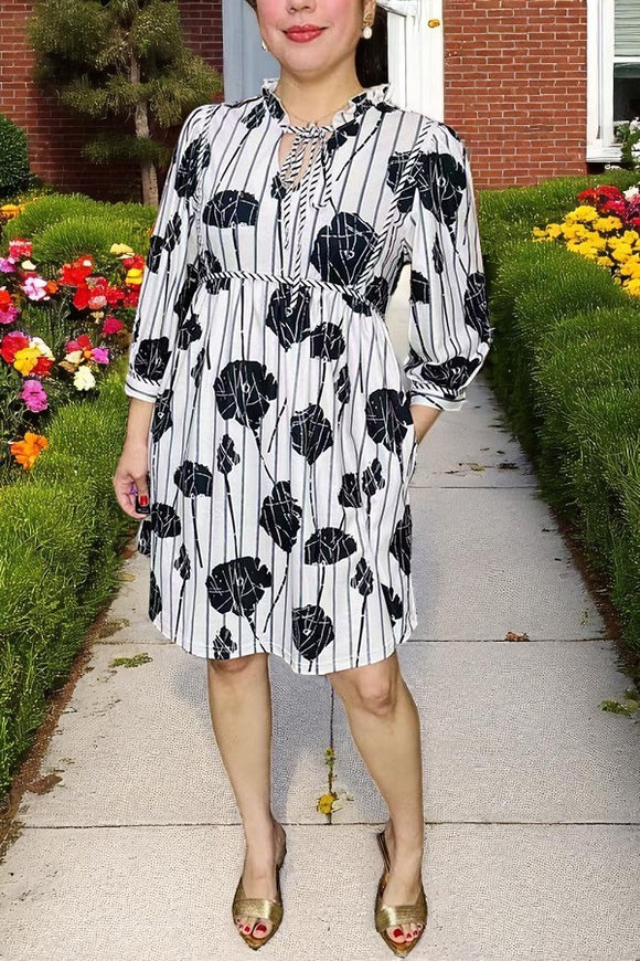 Women dress w/Black floral & stripes with trim & 3/4 sleeves GJQ16068