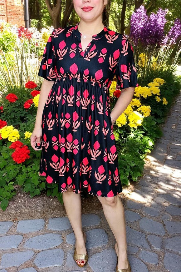 Women dress wholesale Fuchsia patterns printed & short sleeves GJQ16149