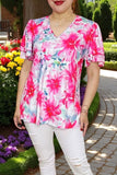 Buy Fuchsia floral prints & short sleeve women blouse w/double ruffle GJQ15934 D Floor/BS1
