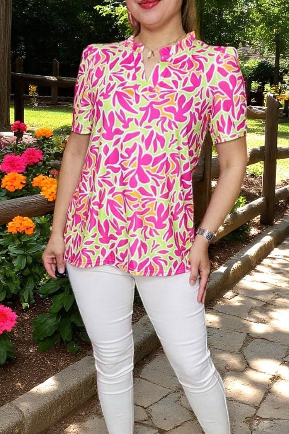 Women's blouse w/Fuchsia & Green patterns printed & puff short sleeves YMY16004