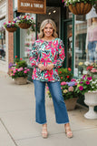Fuchsia & Green floral printed puff long sleeve women's blouse GJQ16336 (ES2)